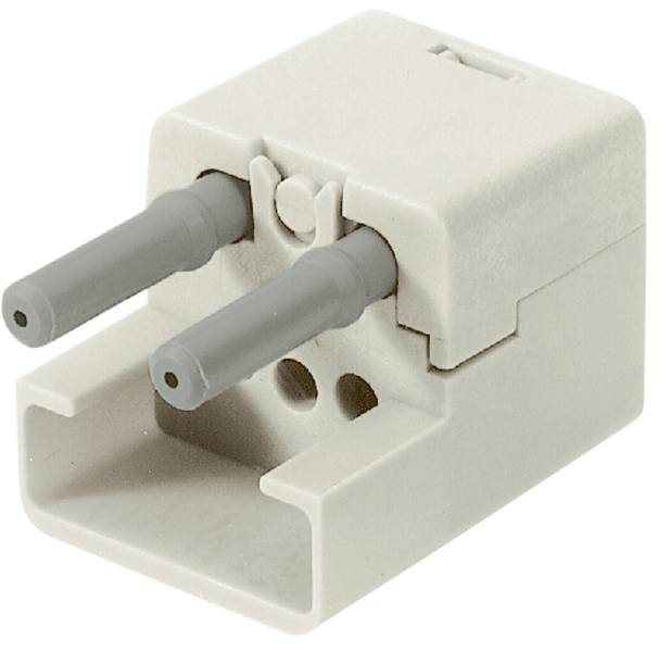 Dvopolni bel adapter z okroglimi vtiči in pravokotno odprtino, primeren za različne električne naprave.