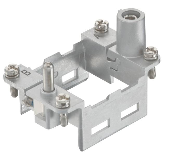 Kovinski pritrdilni element s vijaki in vtičnimi priključki, označen z 'A' in 'B', verjetno namenjen mehanskim pritrditvam.