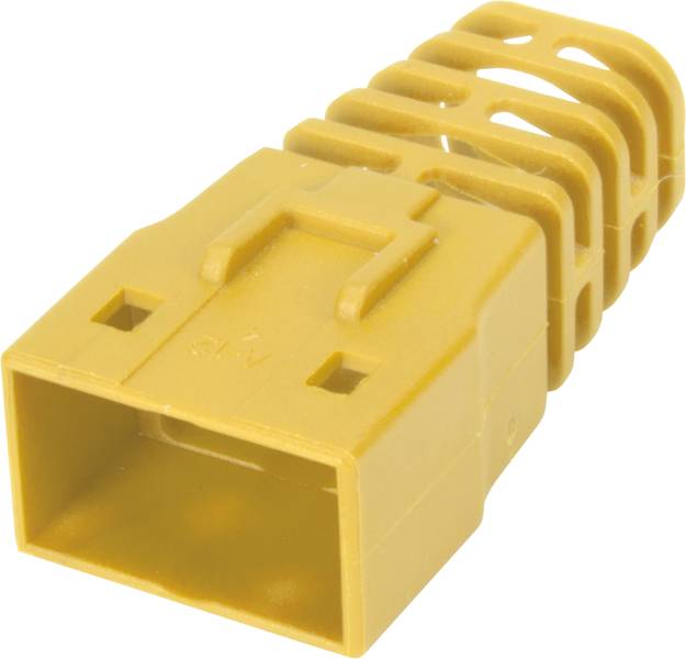 Rumeni plastični priključni vtič pravokotne oblike z odprtim mrežastim dizajnom, primeren za elektronske naprave.
