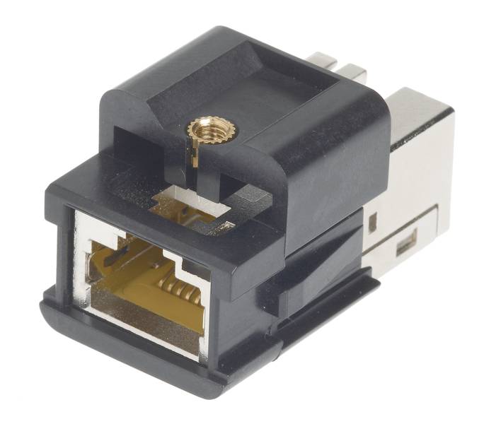 Črn adapter z USB- in ethernet priključkoma, pogled od zgoraj. Povezuje USB naprave z omrežnimi vmesniki.