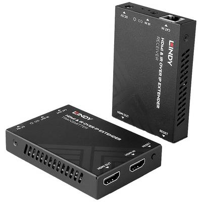Dva črna naprava znamke Lindy za podaljšanje HDMI signalov prek IP, ena z HDMI-OUT priključki, druga z omrežnim priključkom.