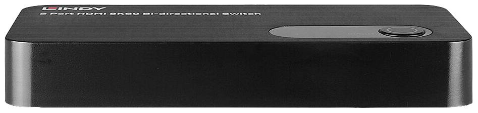 Ploščat, črn HDMI-stikalo z gumbom zgoraj desno, za preklop med dvema HDMI-viroma.