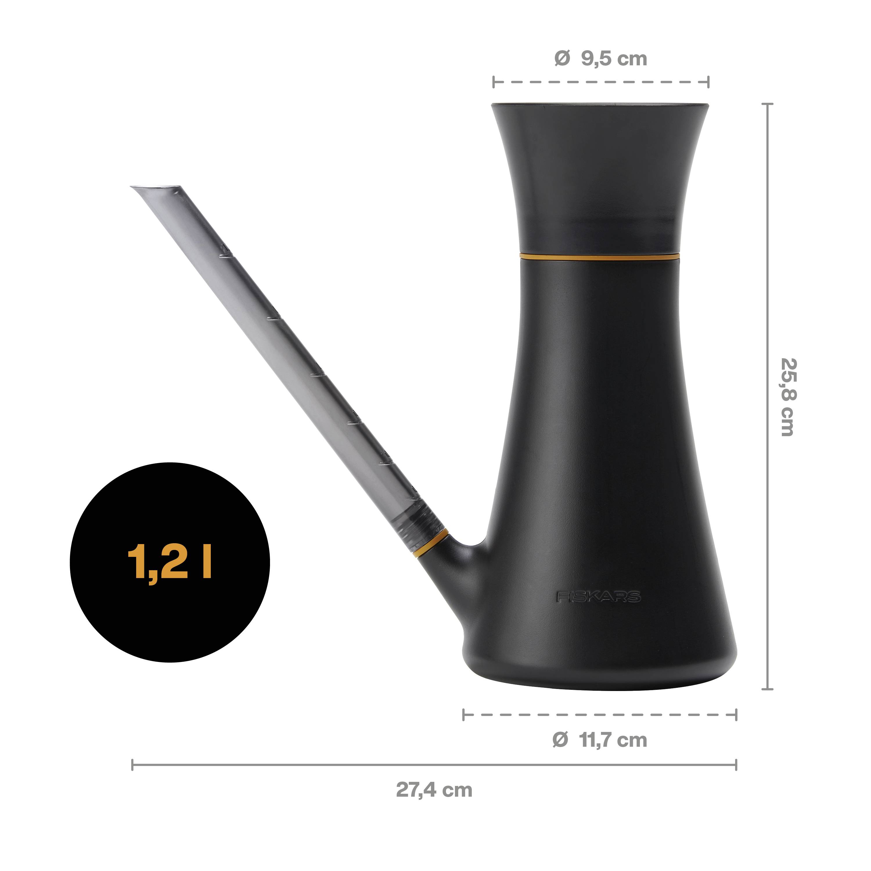 Stilski, sodoben grelnik vode z ozko nalivno odprtino. Prostornina: 1,2 litra. Mere: 27,4 cm dolžina, 25,8 cm višina, 9,5 cm premer.
