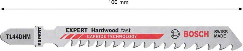 Žagino rezilo: 100 mm dolžine, tip T144DHM, z napisom 'EXPERT Hardwood fast', 'CARBIDE TECHNOLOGY', znamka Bosch, Swiss Made.