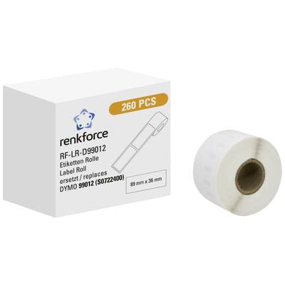 Nalepke za Dymo tiskalnik, model RF-LR-D99012, 89 mm x 36 mm, 260 kosov, prikazano poleg embalaže.