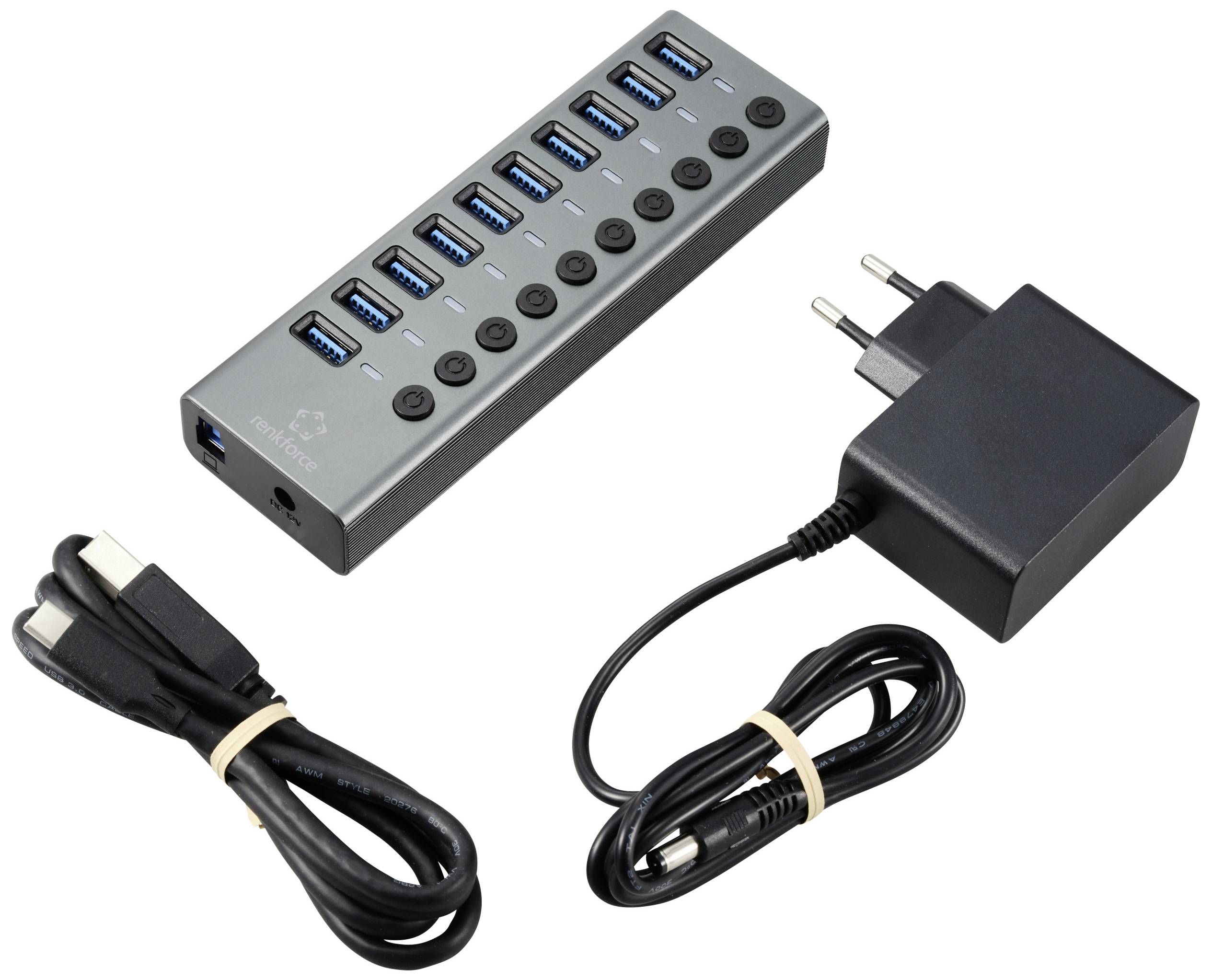 USB hub s 13 vrati, poleg njega napajalnik in dva kabla. Primeren za simultano priključitev več USB naprav.