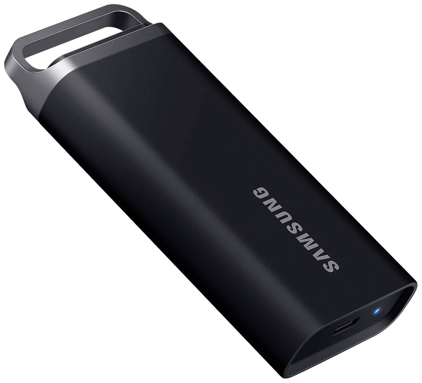 Črn Samsung USB ključ z modro LED lučko, pravokoten in kompakten, z vgrajeno odprtino za ključni obroček.
