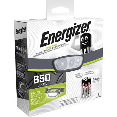 Embalaža naglavne svetilke 'Energizer Pro Series', ki prikazuje sliko naglavne svetilke, '650 lumnov', 'Visok CRI' in vključuje 4 baterije AAA.