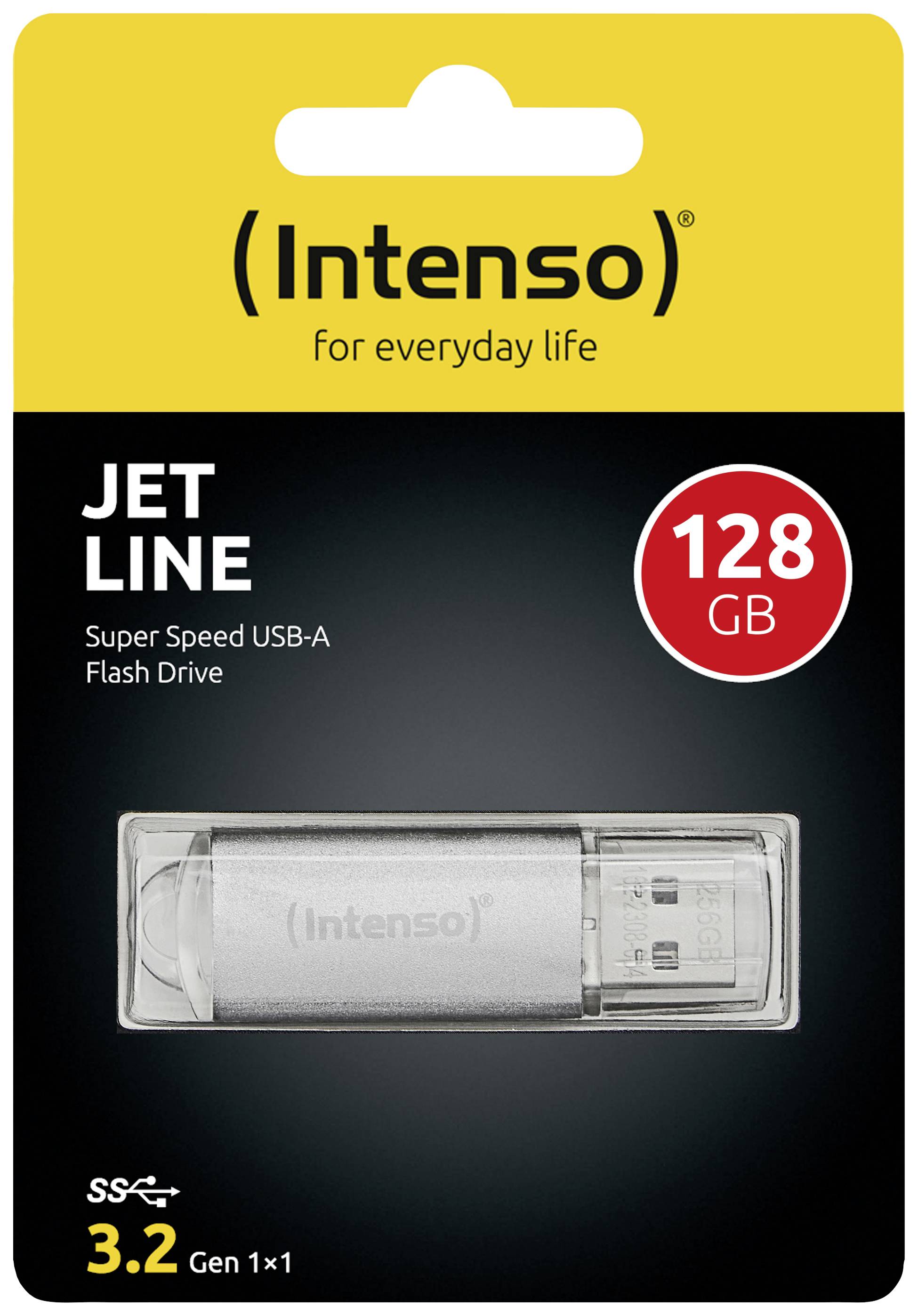 128 GB USB ključek 'Intenso', Jet Line, Super Speed USB-A, na črni embalaži z rumenim ozadjem zgoraj; idealen za hitro prenos podatkov.