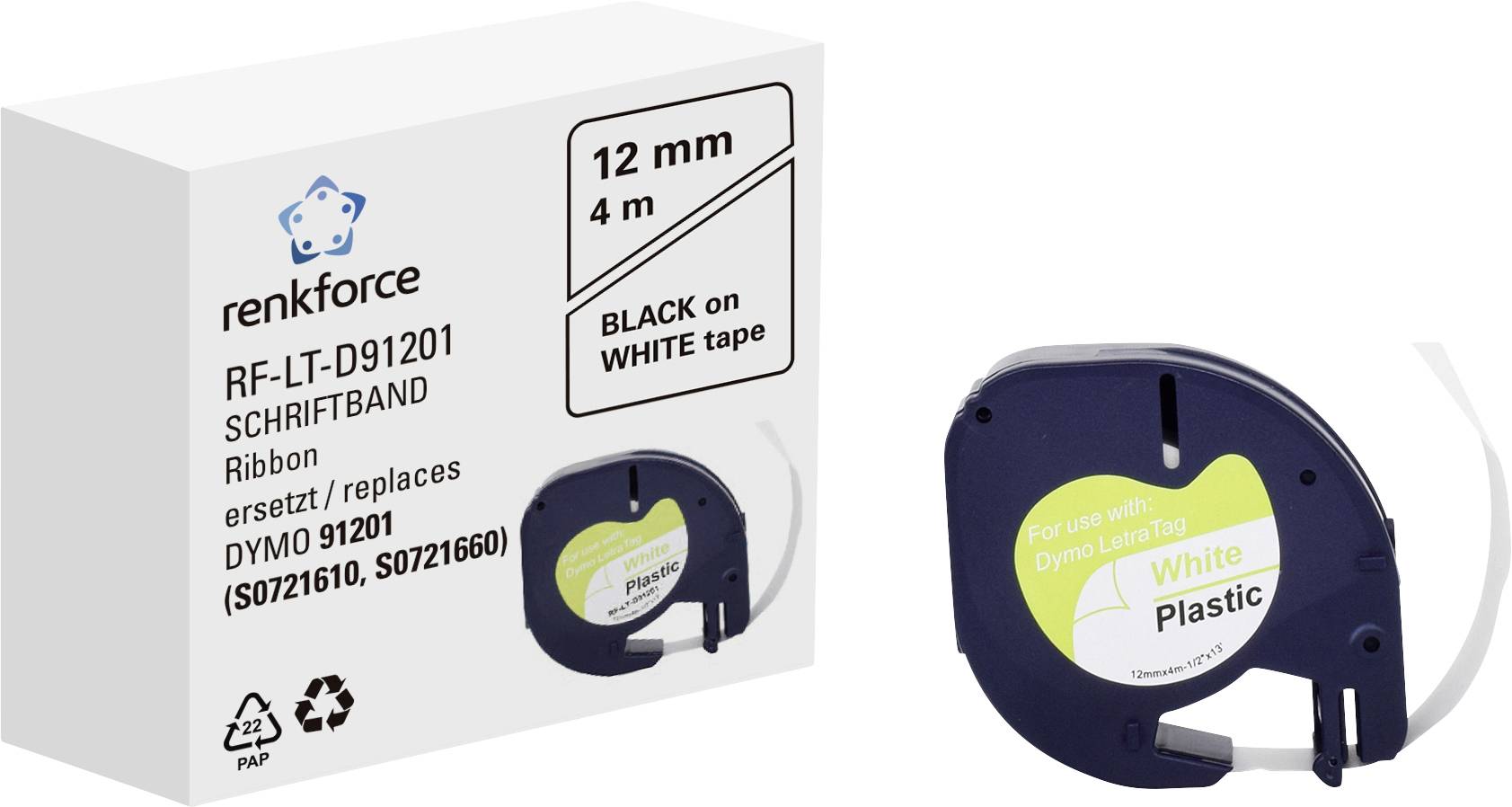 Nalepka za oznake znamke Renkforce, črna na beli podlagi, širina 12 mm, dolžina 4 m, združljiva z Dymo 91201.