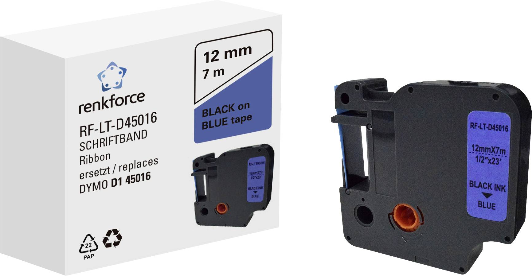 Embalaža in kartuša tračne enote Renkforce RF-LT-D45016, 12 mm x 7 m, črna na modri, primerna za DYMO D1 45016.