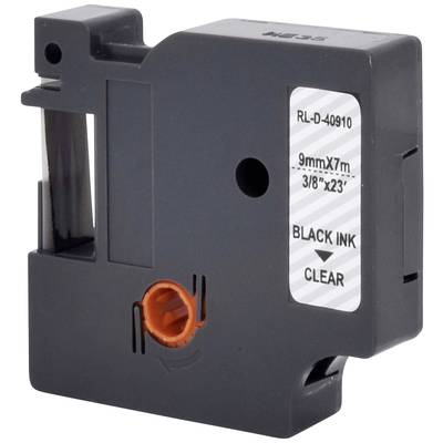 Črna kaseta z nalepko z napisom 'BLACK INK'. Velikost: 9mm x 7m. Ohišje je črno z oranžnim koleščkom.