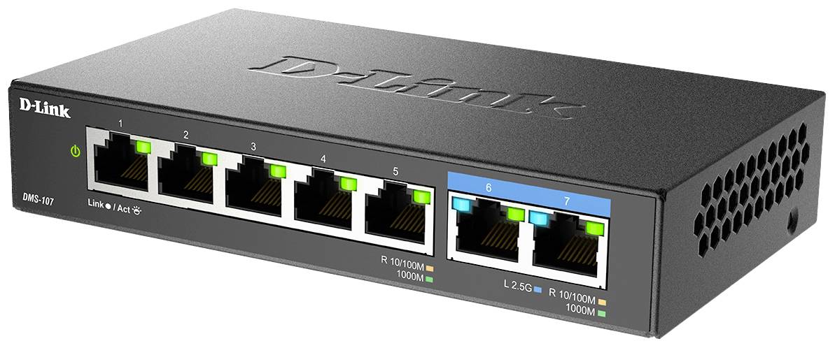 Omrežno stikalo z osmimi Ethernet vrati, od katerih jih je pet povezanih. Modro označena vrata za 2,5 Gbps povezavo.