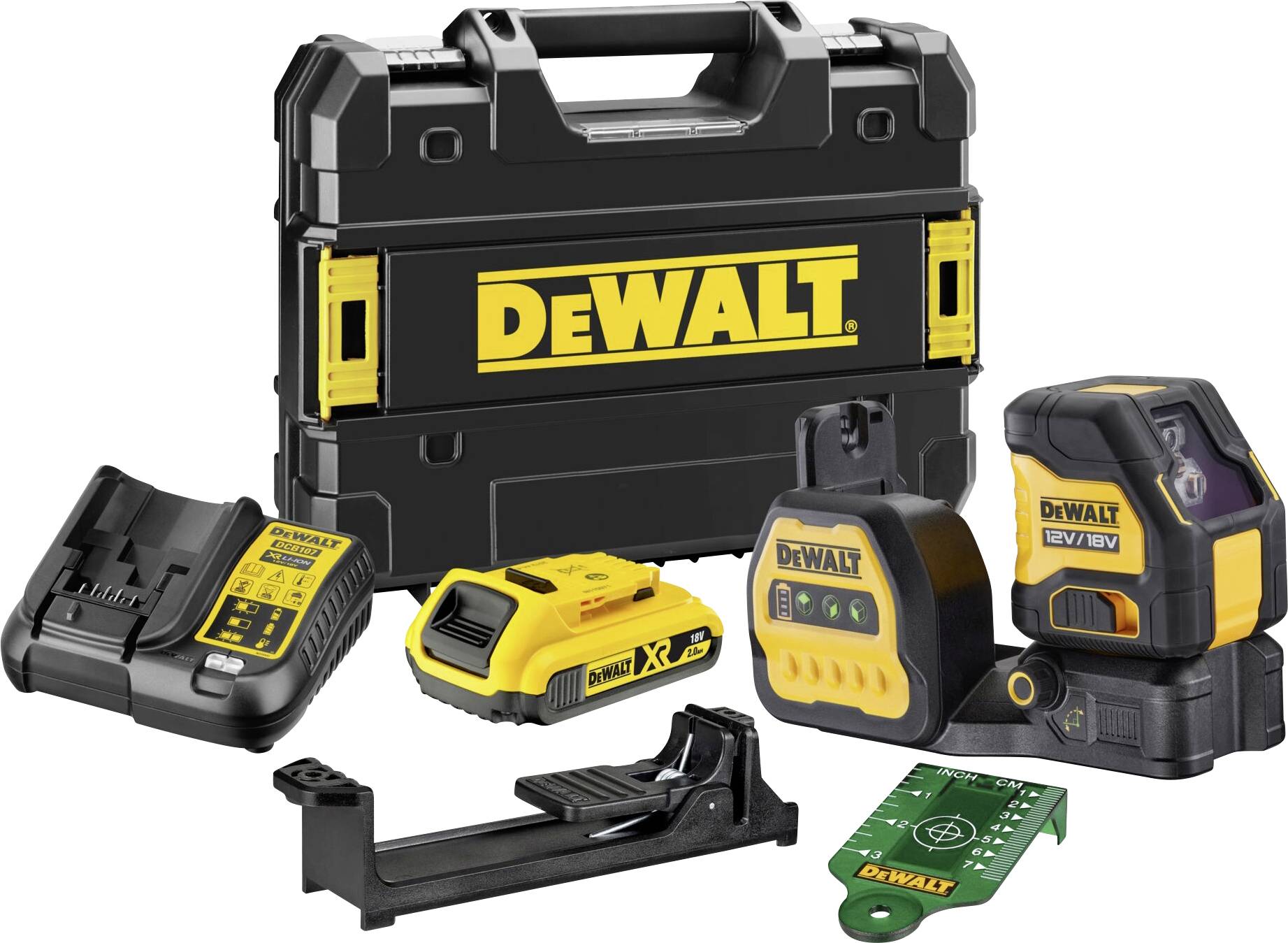 Set orodja z logotipom DeWalt: akumulator, polnilec, kovček in dodatna oprema. Idealen za prenosljiva gradbena ali domača mizarska dela.