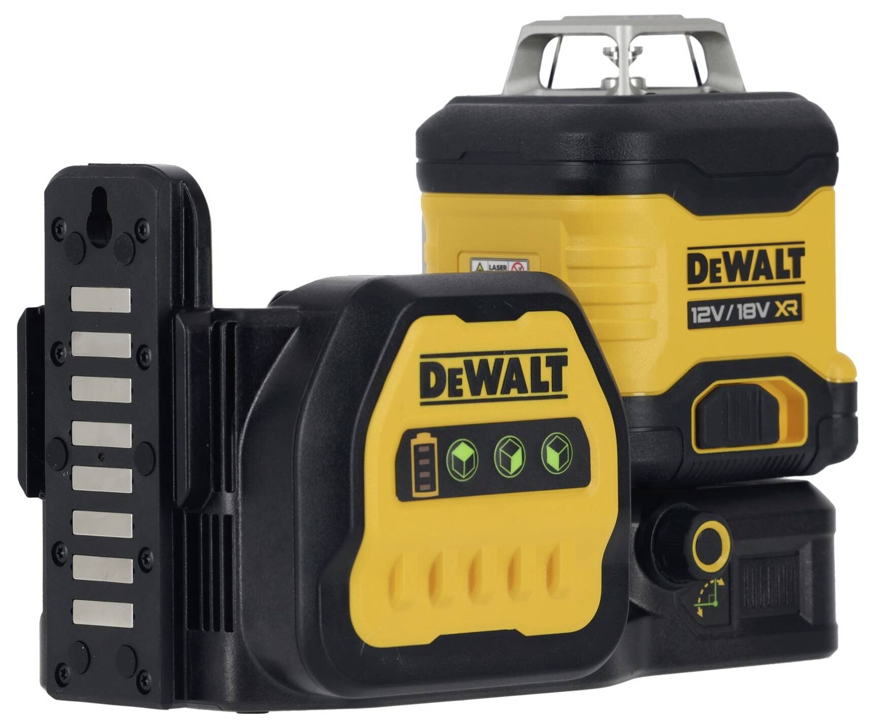 Rumeno-črn DEWALT laserski nivelir, model '12V/18V XR', primeren za natančno poravnavo z vzdržljivo ohišjem.