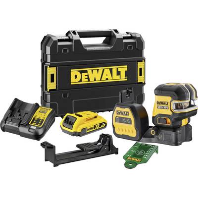 Set orodij DeWalt, ki sestoji iz laserskega nivelirja, polnilca, akumulatorja in transportnega kovčka, namenjen za gradbene projekte.