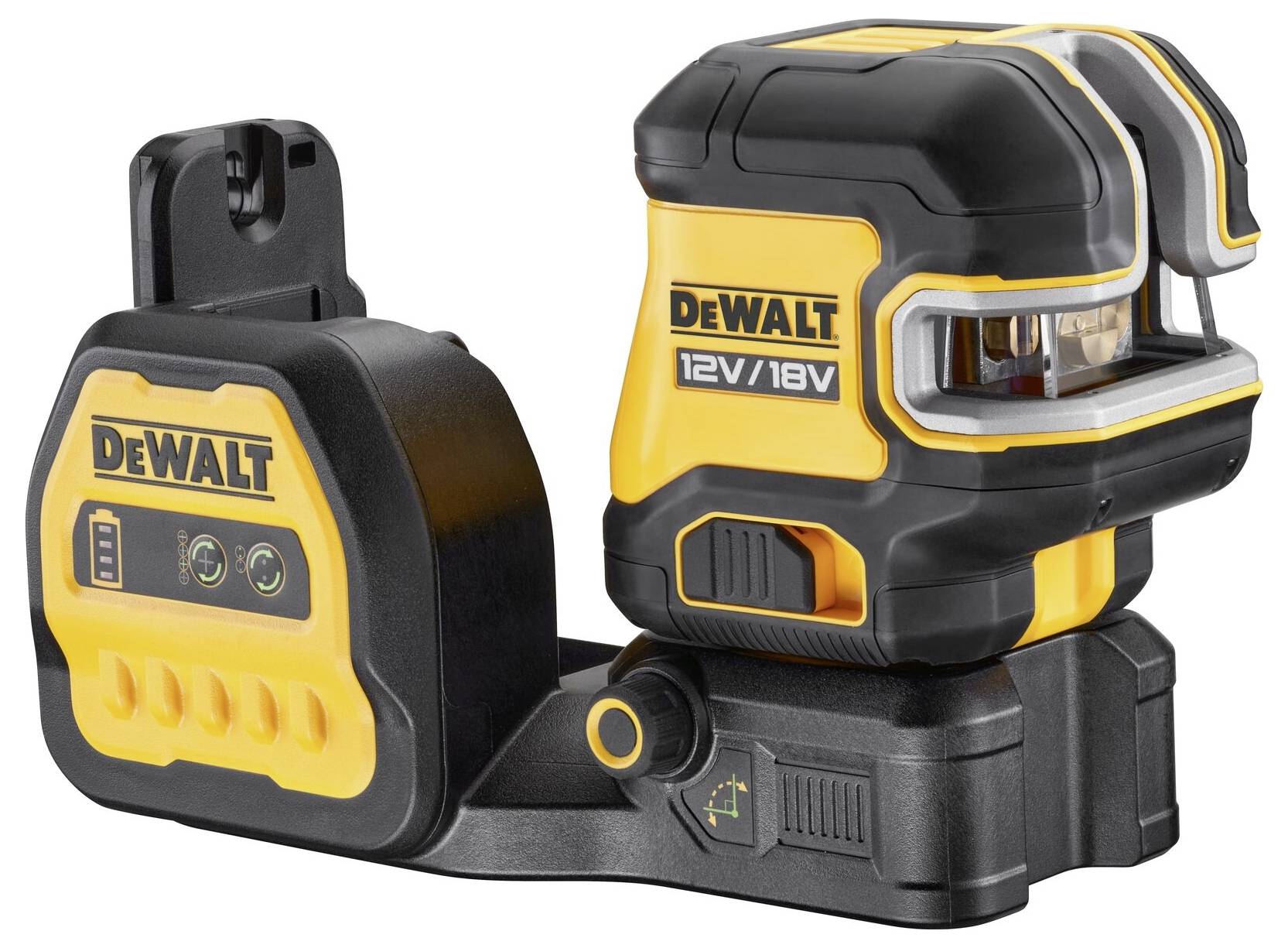 Rumen in črn DeWalt linijski laser z 12V/18V indikatorjem, primeren za natančna gradbena in instalacijska dela.