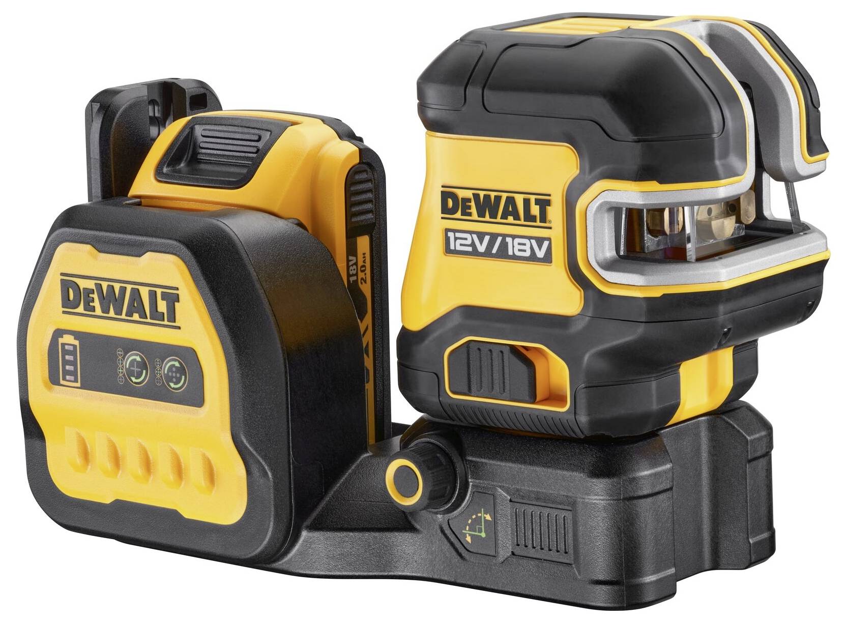 Na beli površini se nahaja rumeno-črn DeWalt polnilnik za 12V/18V baterije.