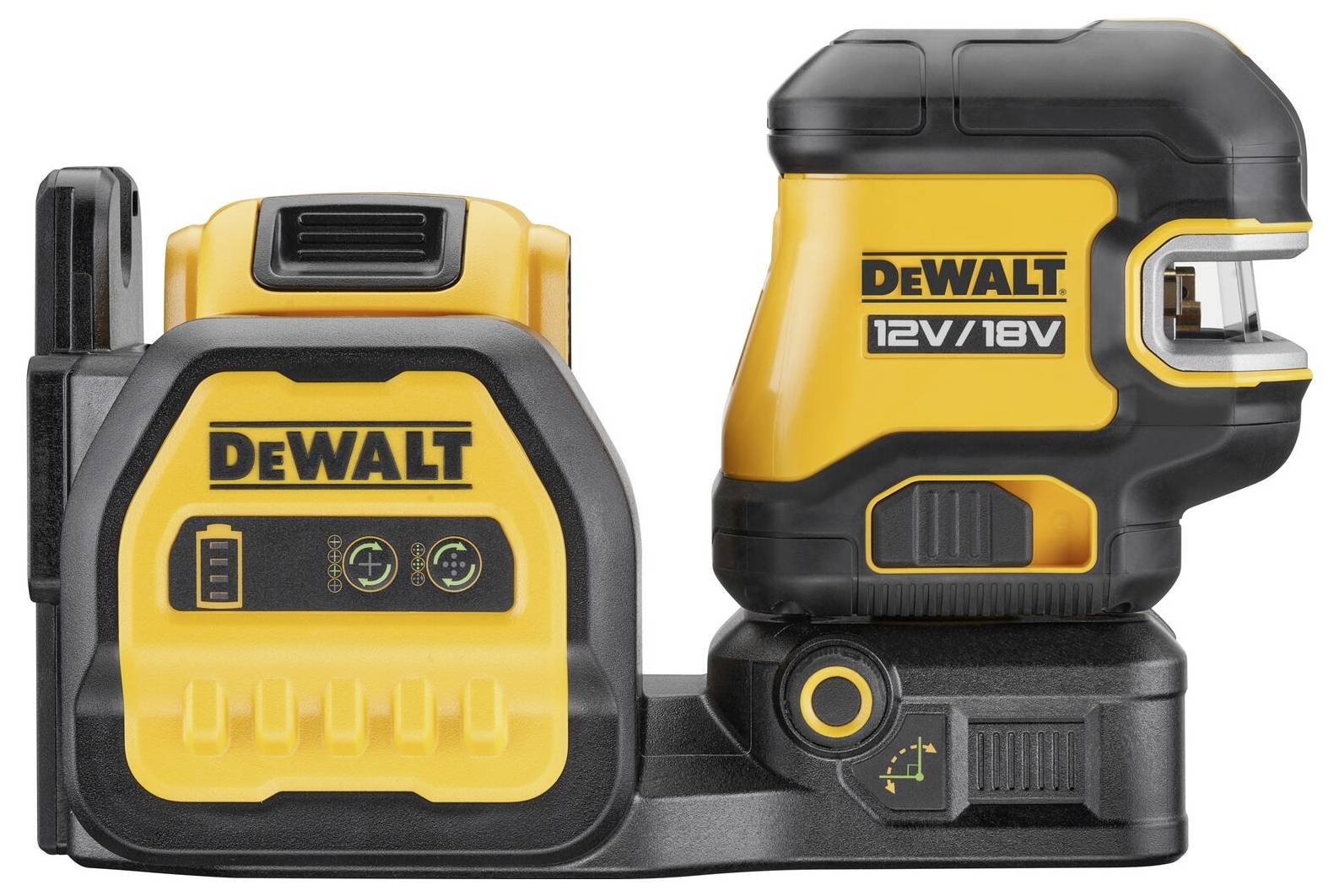 Električni 12V/18V DeWalt polnilnik v rumeni in črni barvi, kompakten z dvema indikatorjema polnjenja in logotipom DeWalt, na belem ozadju.