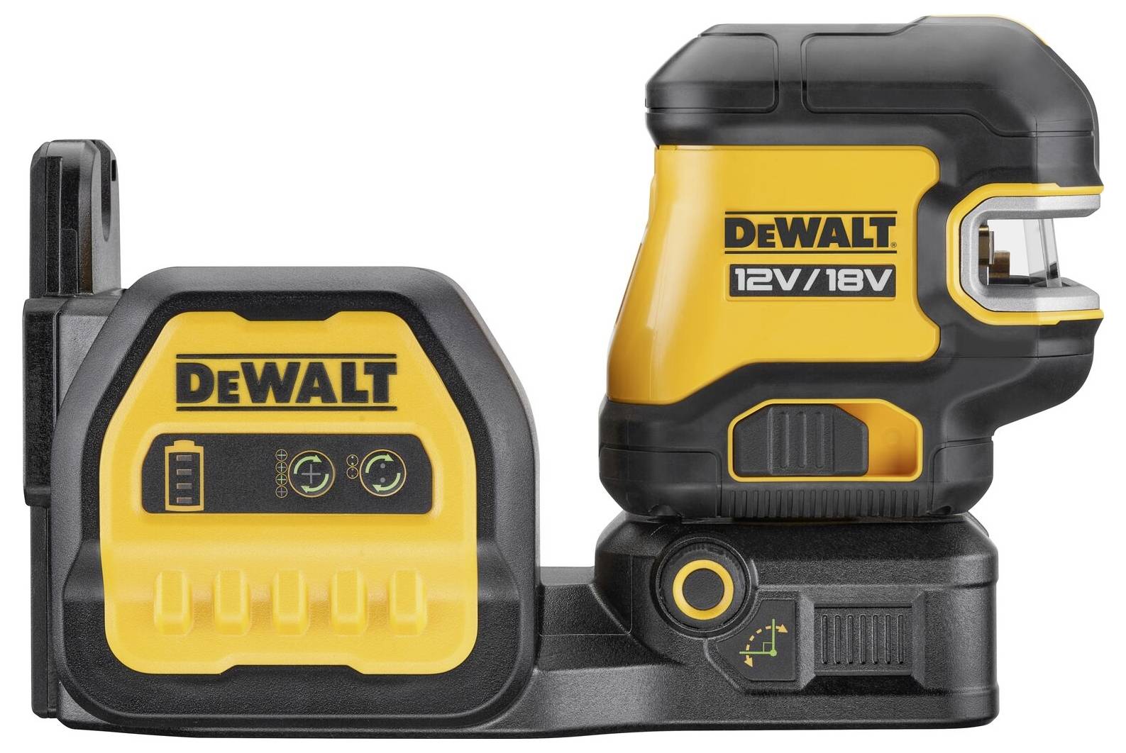 Rumeno-črn DeWalt laserski merilnik z indikatorjem 12V/18V, nameščen na nosilcu.