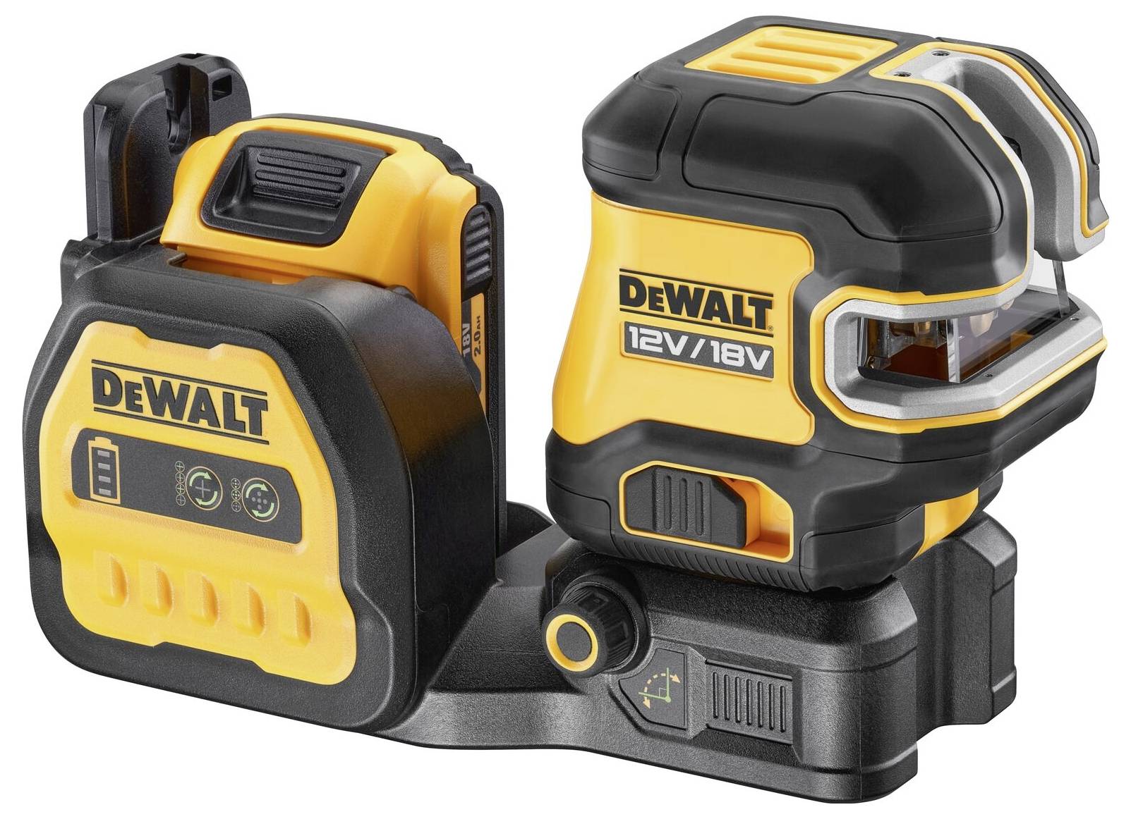Rumeno-črn DeWalt laserski pripomoček 12V/18V z polnilnikom. Ima statusne lučke in kompaktne mere za natančno delo.