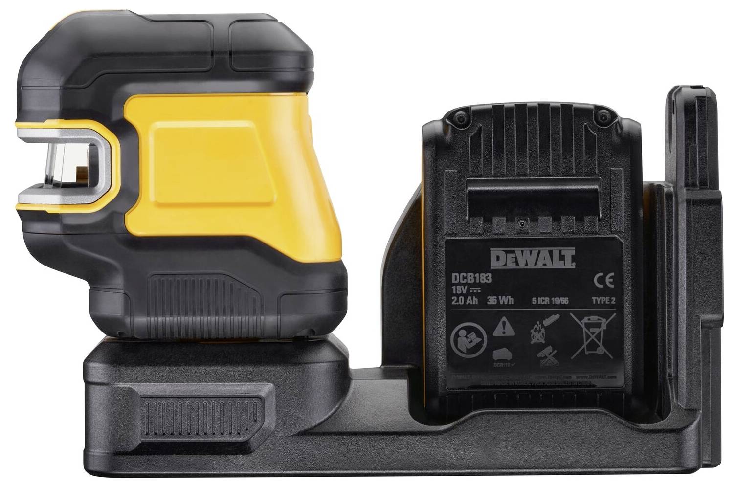 Rumeno-črna polnilna postaja za baterije z litij-ionsko baterijo DeWalt, model DCB163, na beli podlagi.