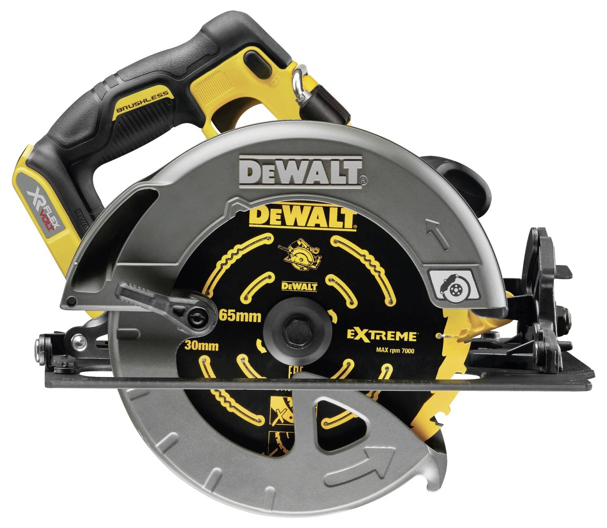 Krožna žaga znamke DeWalt, model XR, z rumeno-črnim dizajnom in ergonomskim ročajem, primerna za natančna dela z lesom.