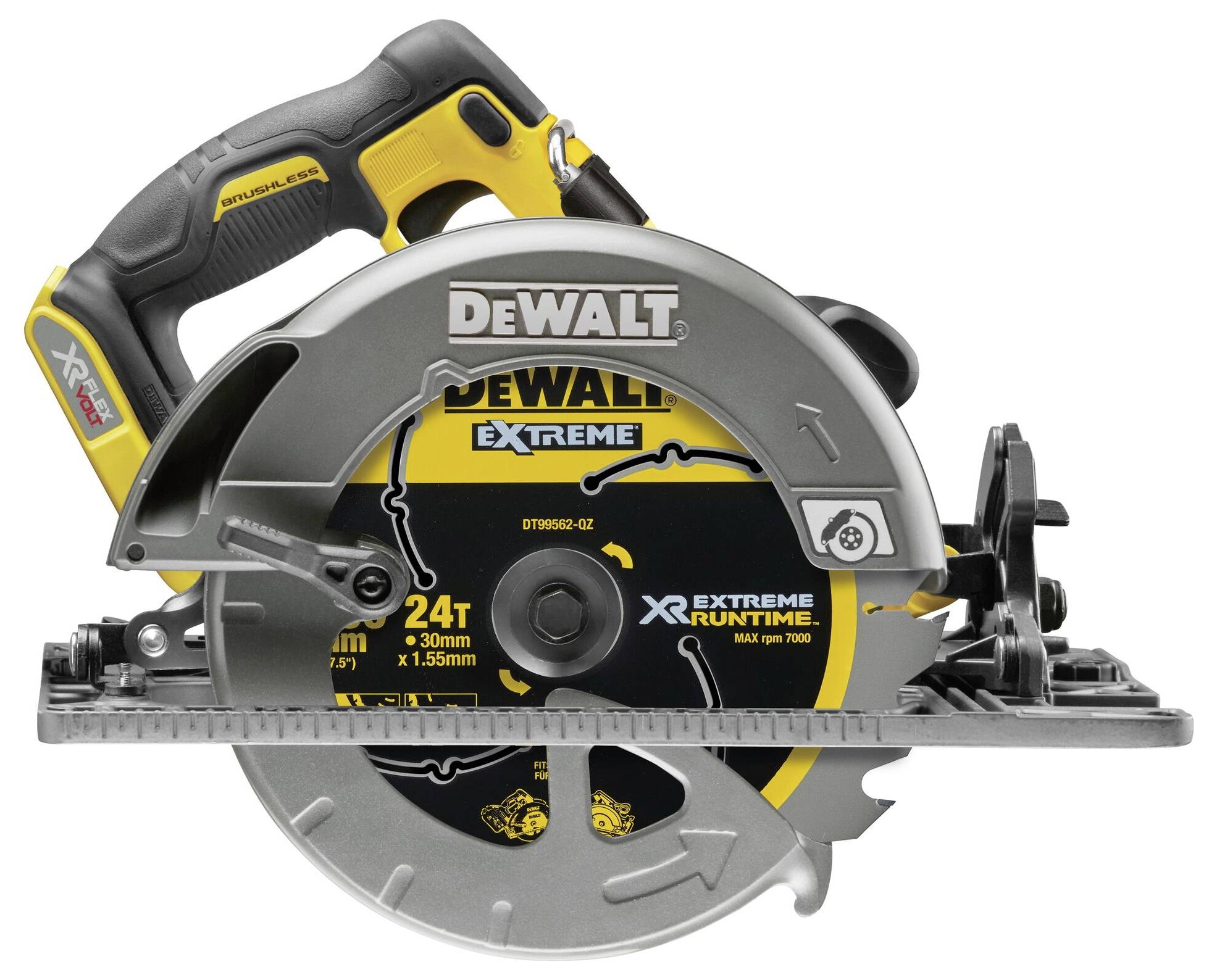 Ročna krožna žaga znamke DeWalt, model XR, z rumeno-črnim dizajnom, primerna za gradbena in lesarska dela.