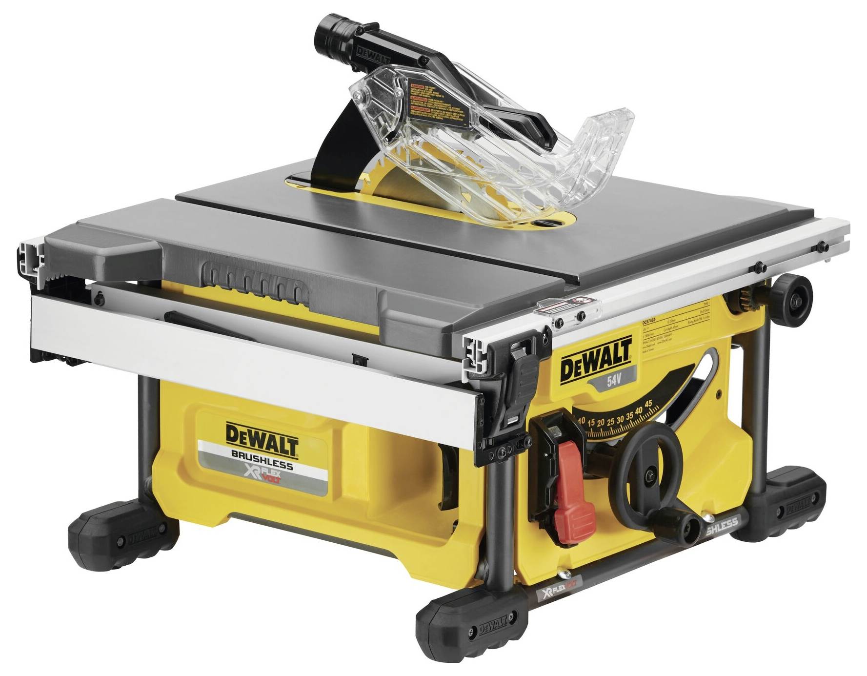 Prenosna rumena namizna žaga z črnim visoko zmogljivim motorjem in srebrno delovno površino. Namenjena natančnemu razrezu lesa.