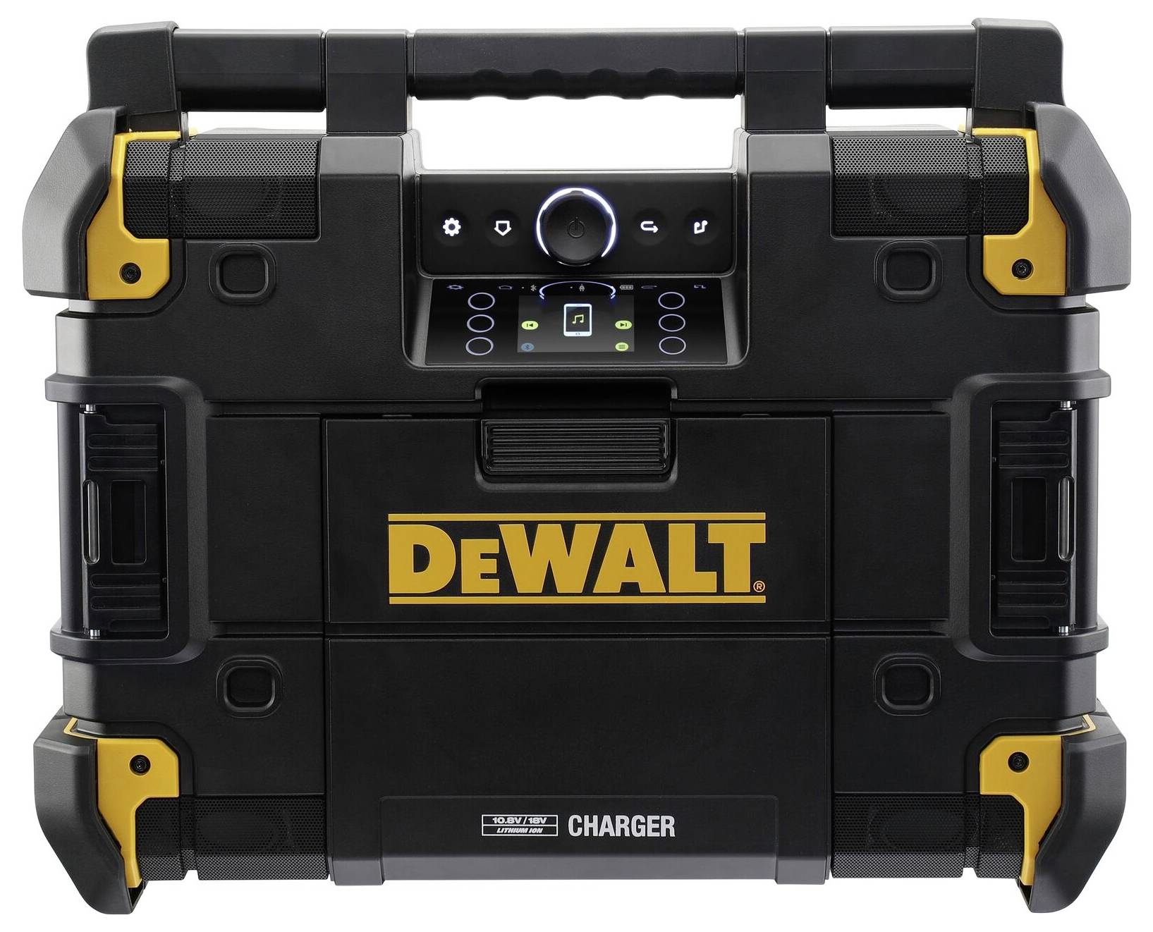 Črn DeWalt ToughSystem radio in polnilec z rumenim logotipom, robustno zasnovo, ročaji za prenašanje na straneh in upravljalnimi elementi na vrhu.