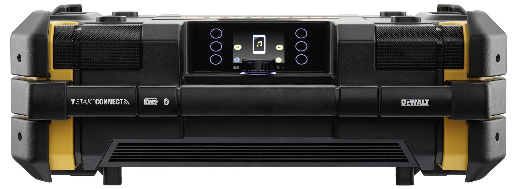Prenosni gradbeni radio v črni in rumeni barvi z Bluetooth in DAB funkcionalnostjo, robusten dizajn za zunanjo uporabo.