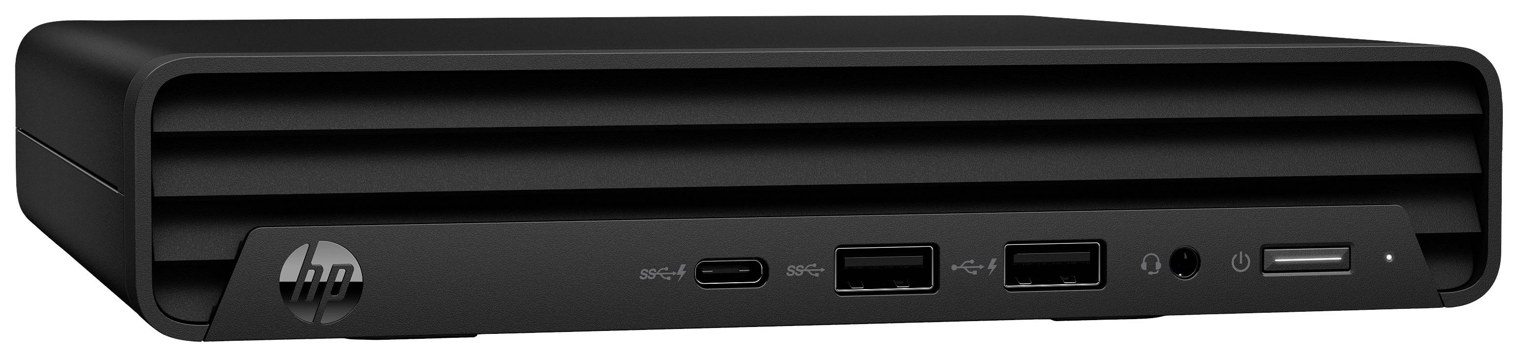 Kompakten, črn računalnik HP z več USB priključki na sprednji strani. Idealen za prostorsko varčne pisarniške ambiente.