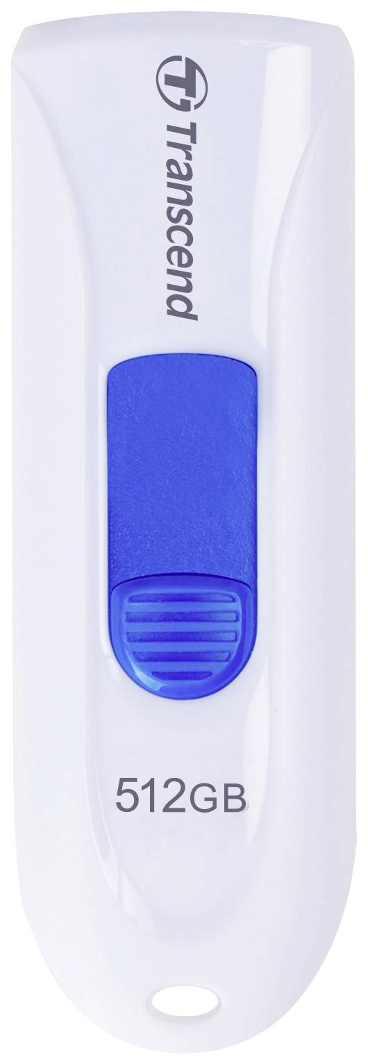 Transcend USB ključ s 512 GB kapaciteto, belo ohišje z modrim drsnim pokrovčkom.