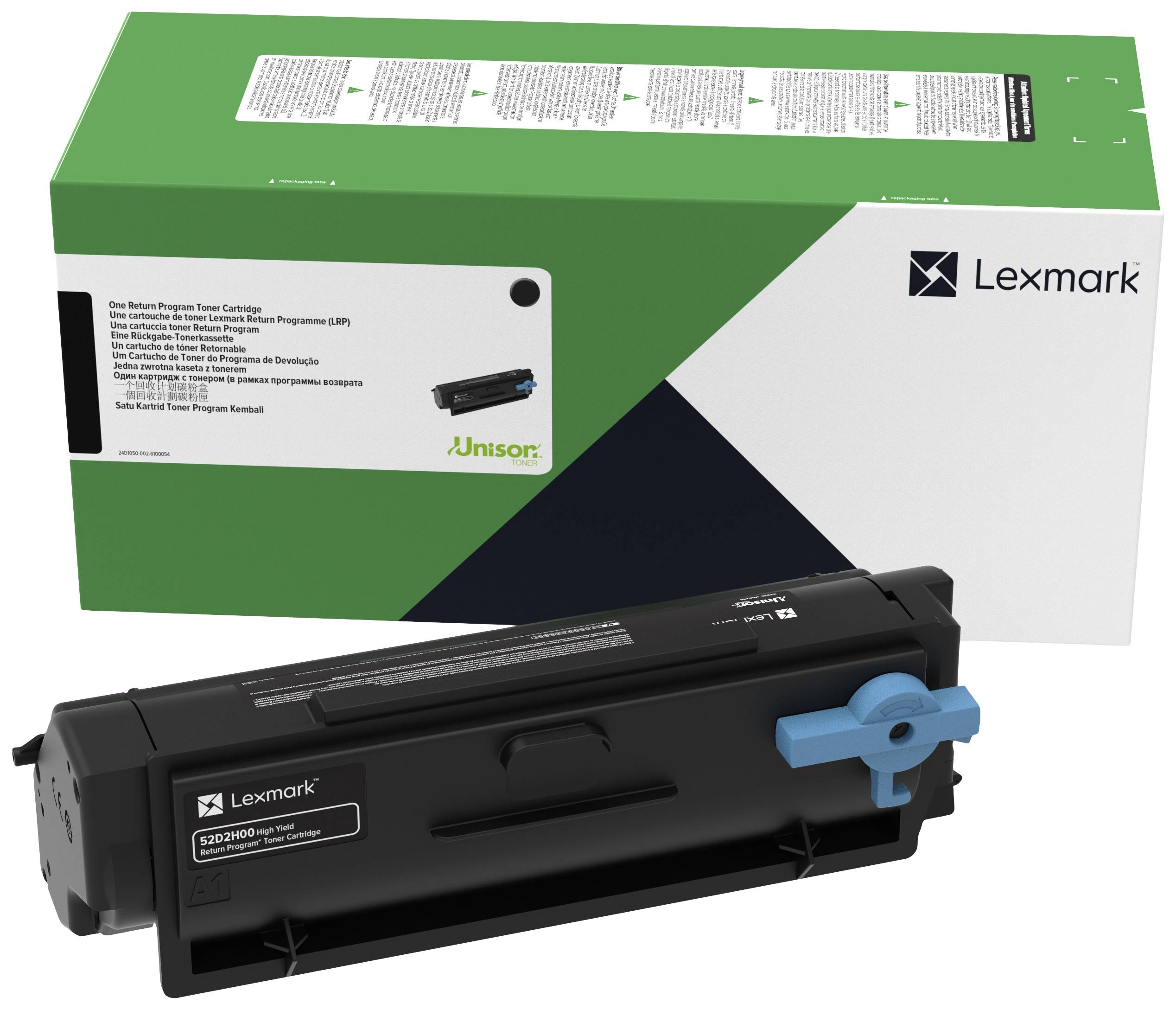 Tiskalna kartuša Drucker-Toner pred zeleno in belo embalažo blagovne znamke Lexmark; razpoznavna modelna številka S0230H00.