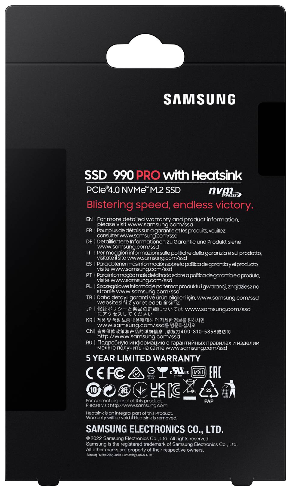 Zadnja stran embalaže Samsung SSD. Podrobnosti o modelu 990 PRO z hladilnikom, PCIe 4.0 NVMe M.2, garancijo in informacijami o podjetju.