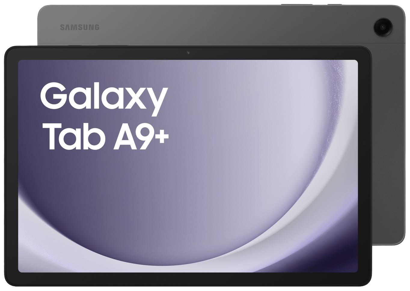 Črn tablični računalnik z zaslonom, na katerem piše 'Galaxy Tab A9+'. Za njim je viden še en tablični računalnik.