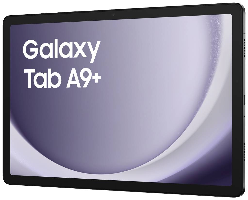 Tablica z napisom 'Galaxy Tab A9+' na zaslonu pred abstraktnim vijolčnim ozadjem.