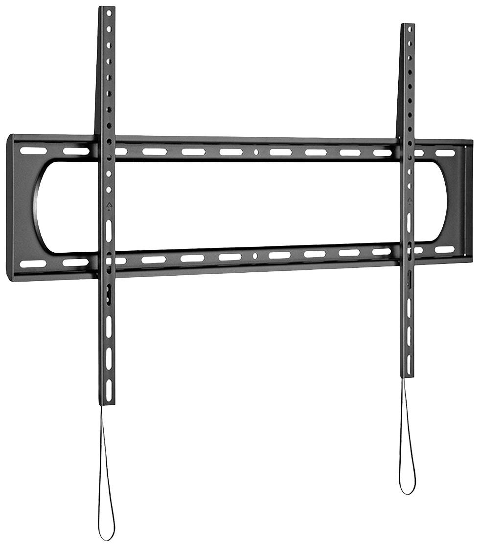 Stenski nosilec za televizor s spremenljivimi pritrdilnimi točkami in varnostnimi kabli za stabilno namestitev.