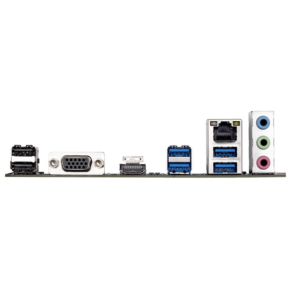 Zadnja stran računalniškega matičnega board-a prikazuje priključke USB, VGA, DisplayPort, Ethernet in zvočne priključke.