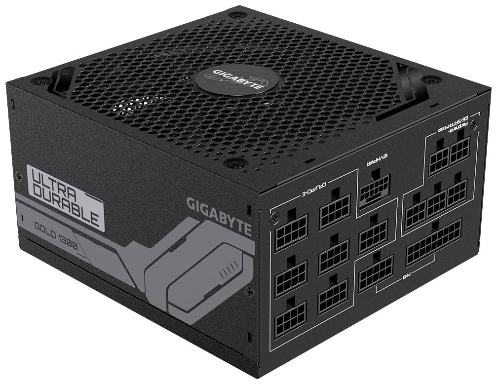 'ATX napajalnik Gigabyte z modularnimi priključki, črn dizajn, logotip "Ultra Trpežen".'