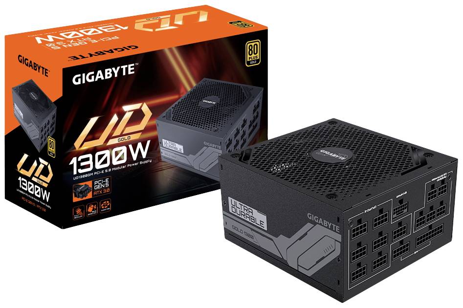 Napajalnik Gigabyte UD 1300W Gold z embalažo, označen z lastnostmi: certifikacijo 80 Plus Gold in pomembnimi priključki.