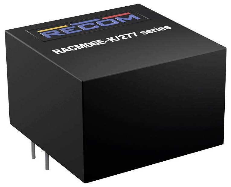 Črn elektronski element z napisom 'RECOM RACM06E-K/277 series', ki ima tri zatičke na spodnji strani.