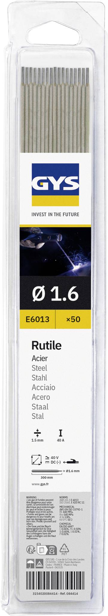 Paket GYS rutilnih varilnih elektrod, velikost 1.6, E6013, 50 kosov za varjenje jekla in splošno varjenje kovin.