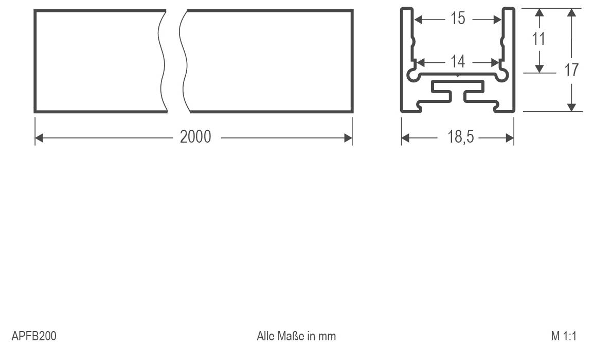 Tehnični risba aluminijastega profila, ki prikazuje dolžino 2000 mm in dimenzije prečnega prereza 15, 14, 18,5, 11 in 17 mm, označena z »Vse mere v mm« in »M 1:1«.