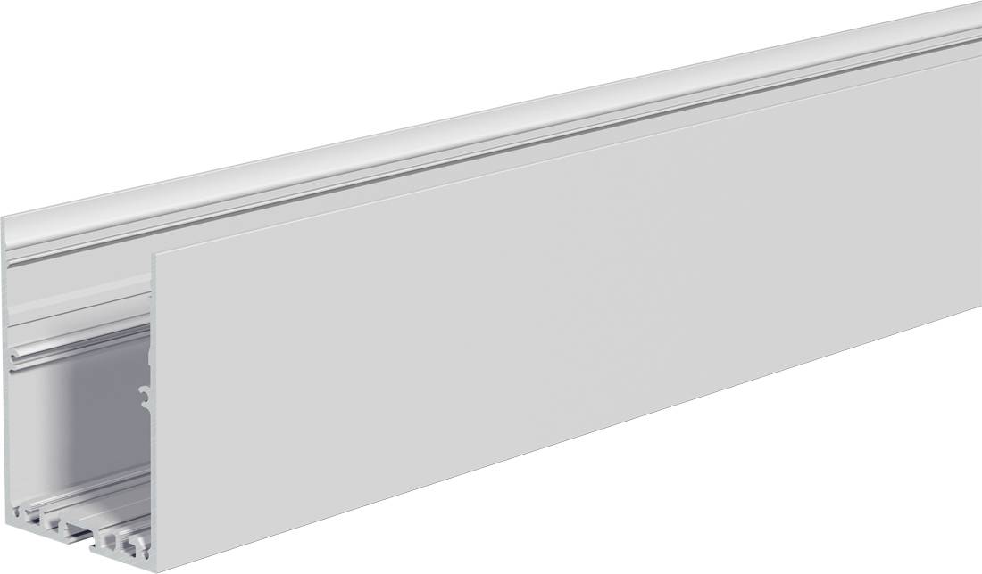 Dolga pravokotna aluminijasta ekstrudirana palica s plosko belo čelno ploščo in razbrazdanim kanalomom, prikazana v 3D na belem ozadju.