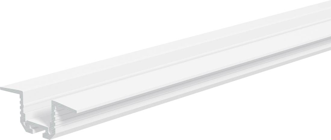 Bela aluminijasta LED profilna tirnica z matiranim difuzorjem, prikazana v perspektivi na belem ozadju.