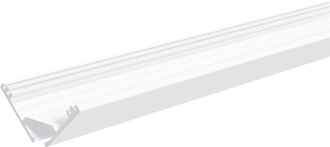 Bela plastična difuzorna prevlaka fluorescentne svetilke, fotografirana diagonalno na čisti beli podlagi, s pritrdilnimi sponkami na enem koncu.