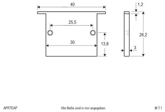 Tehnična risba dimenzij nosilnega dela, podobnega oklepaju, z dvema stranskimi luknjama; označene dimenzije v mm vključujejo 40 mm širino, 26,2 mm višino, 30 in 25,5 mm razstojanje lukenj ter 1,2 mm debelino.