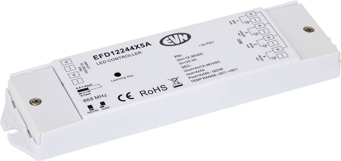 Modul regulatorja belih LED-ov z oznako 'EFD12244X5A' s shemo ožičenja, indikatorjem stanja in označbami CE/RoHS.