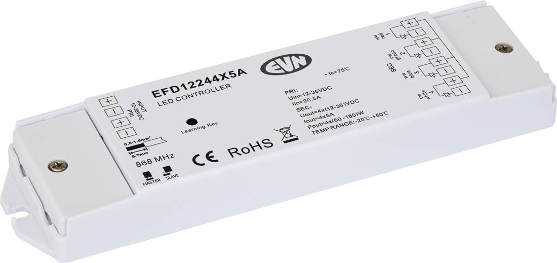 Modul krmilnika belih LED-ov z oznako »EFD12244X5A« s shemo napeljave terminalov in oznakama CE/RoHS, prikazan v beli ohišju.